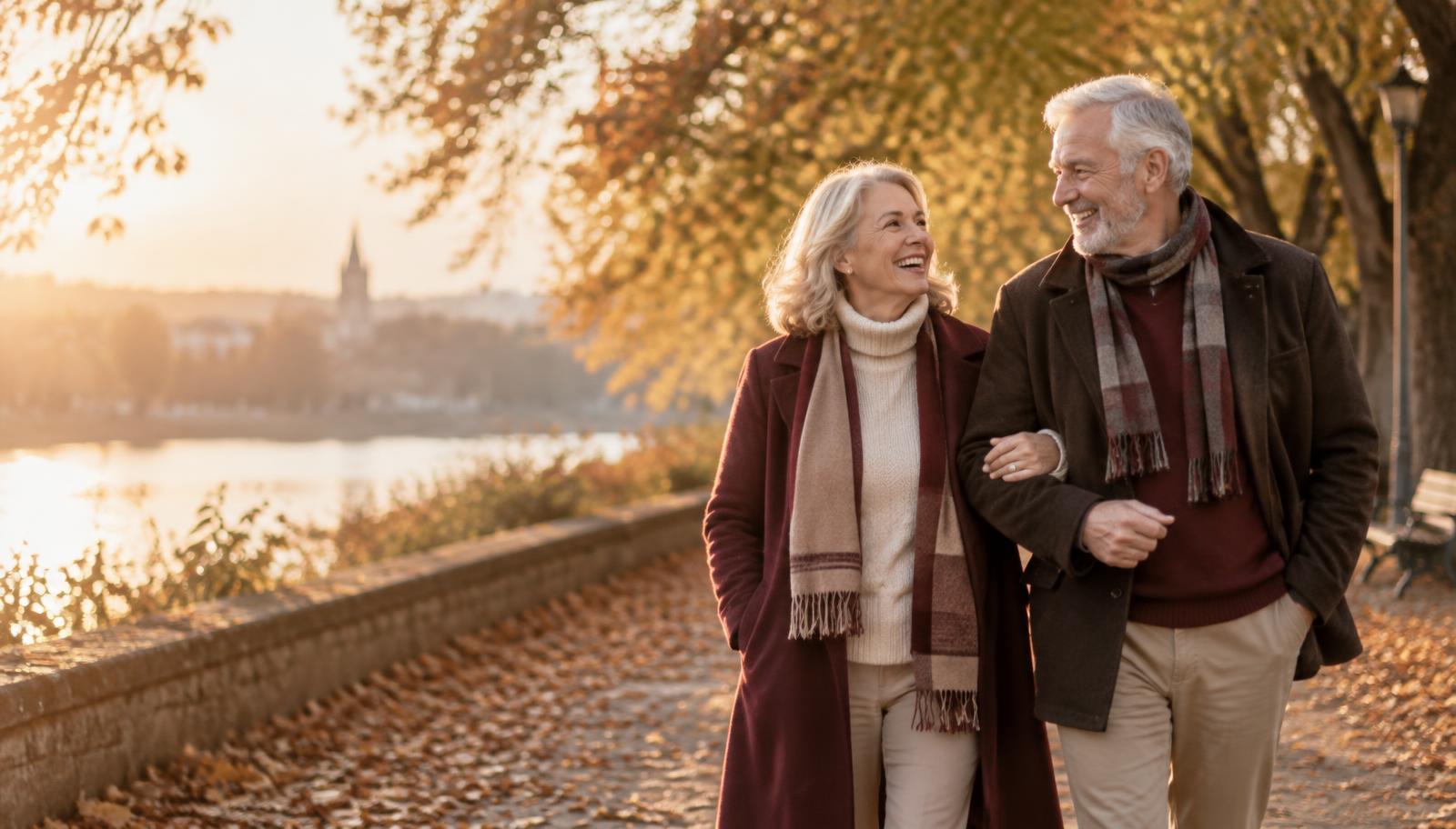 A mature couple walking arm in arm along an autumn path
